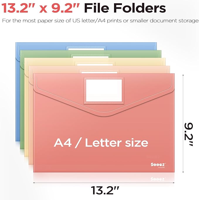 Sooez 10Pack Plastic Envelopes, Plastic File Folder, Folders for Documents Vintage Colors, Super Heavyweight Plastic Document Holder, Storage Pouches, File Envelopes for School Office Supplies