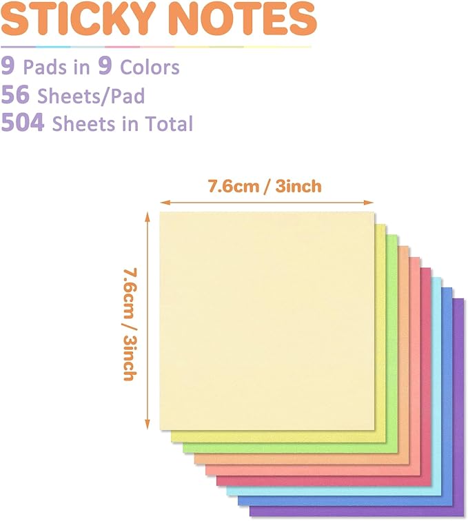 (9 Pack) Sticky Notes 3x3 Inches Colorful Sticky Notes,Super Sticking Power Bright Colors Self-Stick Pads,Easy to Post for School Supplies and Office Products,56 Sheets/Pad,504Sheets