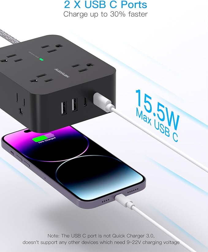 Extension Cord 25 Ft, Surge Protector Power Strip with 8 Outlets 4 USB Ports(2 USB C), Long Cord, Wall Mount, Desk USB Charging Station for Home Office College Dorm Room Essentials