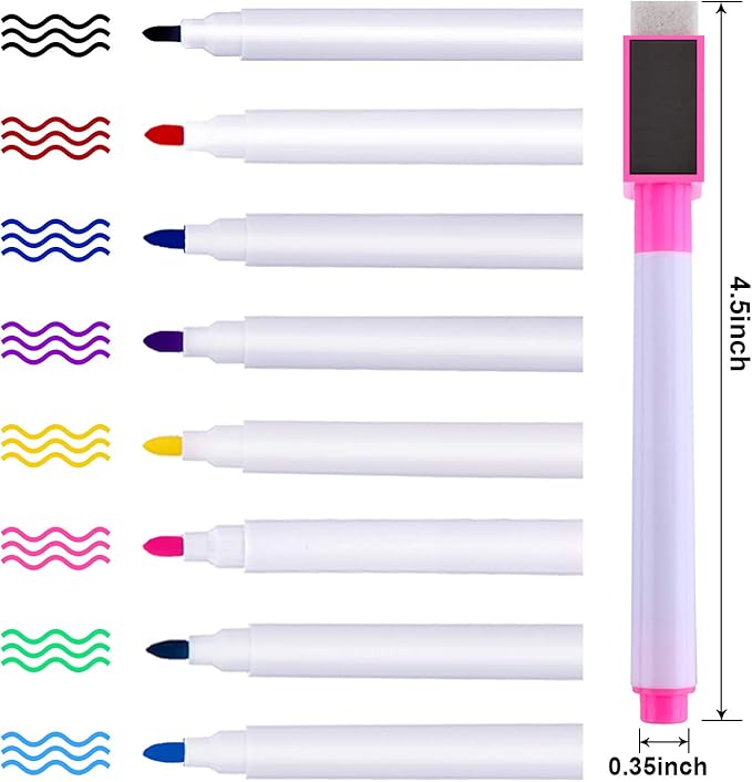 Boao Whiteboard Dry Magnetic Plastic Holder, 8 Pieces Colorful Magnetic Markers with Eraser Cap, Whiteboard Eraser for School Office Home 100th Day of School, 10 Pieces Totally(Stylish)