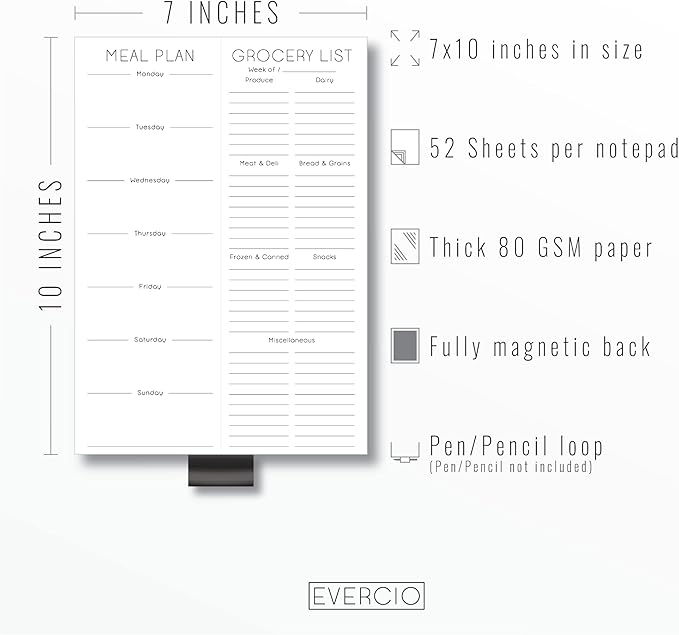 Evercio Meal Plan & Grocery List Magnetic Notepad for Refrigerator | For Shopping Lists Planner Organizer Memo Note Pad for Fridge | Kitchen Gift for Mother, Girlfriend | 7x10 Inches, 52 Sheets