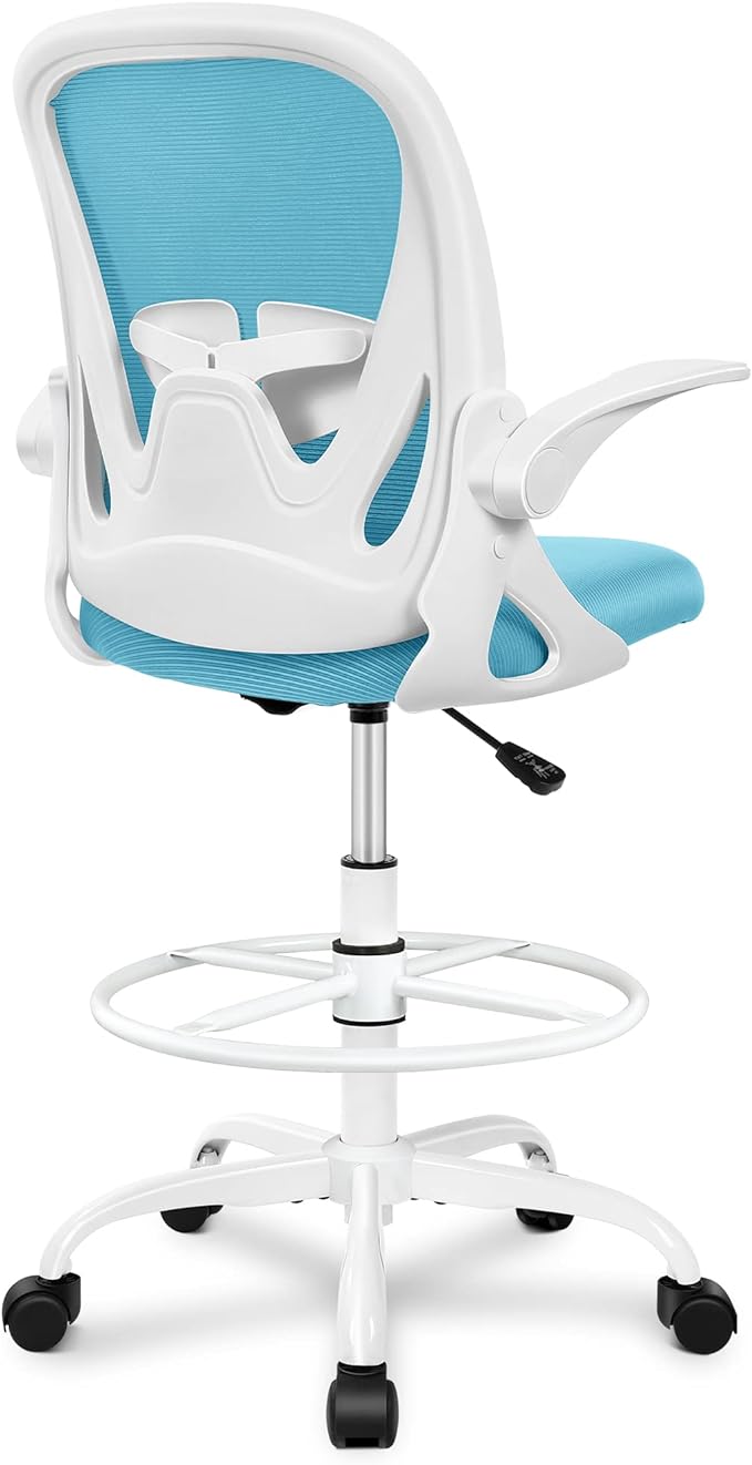 Primy Drafting Chair Tall Office Chair with Flip-up Armrests Executive Ergonomic Computer Standing Desk Chair with Lumbar Support and Adjustable Footrest Ring(Blue)