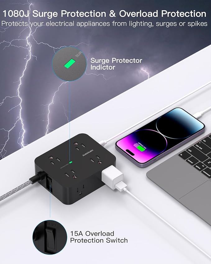 Extension Cord 25 Ft, Surge Protector Power Strip with 8 Outlets 4 USB Ports(2 USB C), Long Cord, Wall Mount, Desk USB Charging Station for Home Office College Dorm Room Essentials