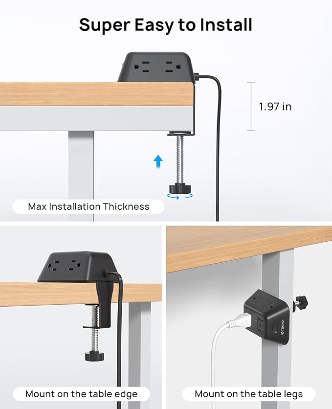 Desk Clamp Power Strip, Surge Protector with 5 AC Outlets and 3 USB Ports, Desk Mount Charging Station, Fit 1.97in Tabletop Edge Thick, 6FT Extension Cord, for Home Office Gaming Accessories