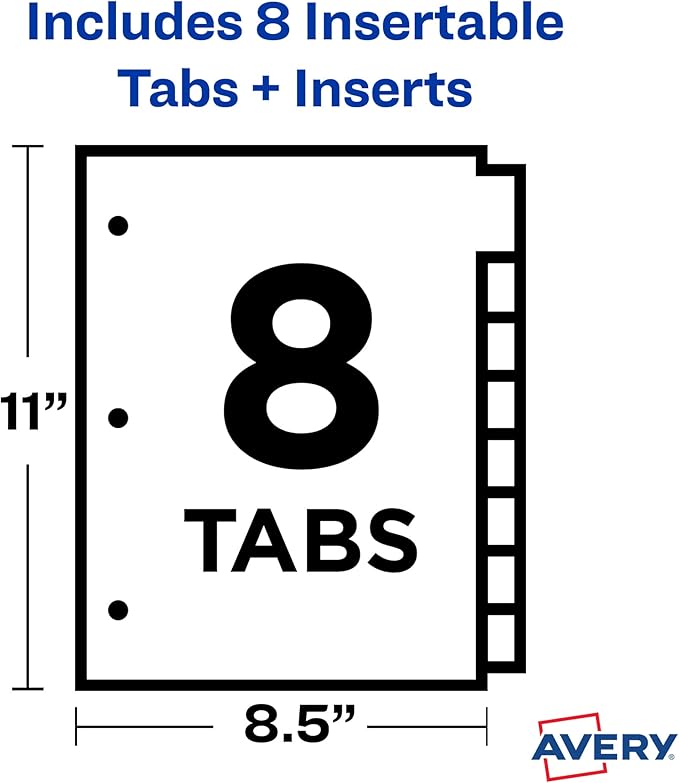 Avery Dividers for 3 Ring Binders, 8-Tab Binder Dividers, Plastic Binder Dividers, Insertable Big Tabs, Multicolor, 1 Set (11901) (Pack of 3)