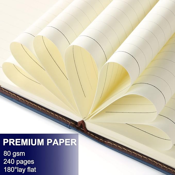 A5 Lined Leather Journal with Pen, 240 Pages Refillable Hardcover Notebook with Pocket and Magnetic Buckle, 80gsm Thick Daily Diary for Men and Women, Great Gift for Business School Travel Personal -