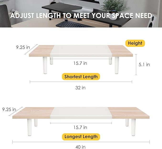 Dual-Monitor-Stand-Riser-For-Desk Adjustable Length 32-40 Inch,Large Desktop Computer Monitor Riser For 2 Screens,Desk Shelf Organizer Riser Stand For Computer/Laptop/PC/Printer/TV Maple