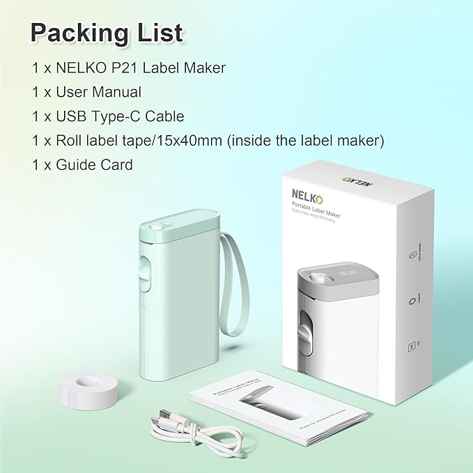 Nelko Label Maker Machine with Tape, P21 Bluetooth Label Printer, Wireless Mini Label Makers with Multiple Templates for Organizing Office Home, Green