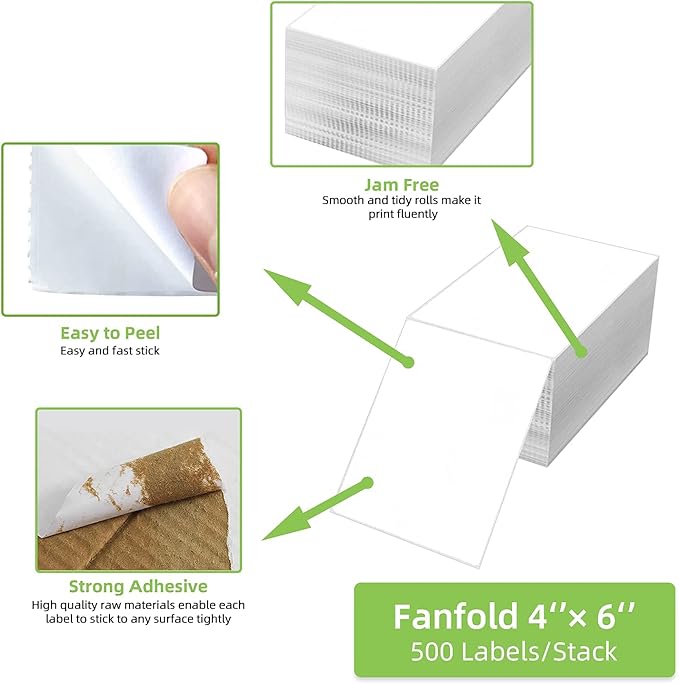 8 Stacks 4" x 6" Fanfold Direct Thermal Labels, Mailing Postage Shipping Label with Perforated, Compatible with Zebra, Rollo, MUNBYN, NELKO Label Printer(500 Labels/Stack, Total 2000 Labels)