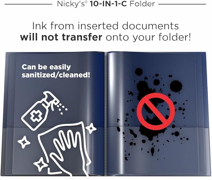 Nicky's® Multi Pocket Organizer, 10 or 14 Page Folder, Waterproof, Patented Tear-Resistant, Flexible Plastic, Proudly Made in USA, Binder Substitute. (10-in-1 Clear Inside/Navy Blue Outside)