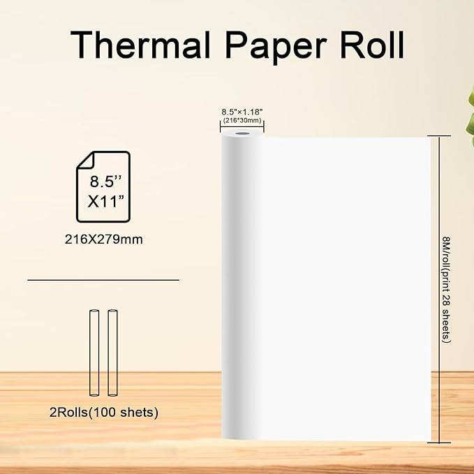 2 Rolls Thermal Paper, Thermal Printer Paper, 8.5" x 26ft US Letter Paper Size, Printer Paper Roll for M08f M832 Printer, Thermal Paper Rolls Compatible with Peripage Bluetooth Portable Printer