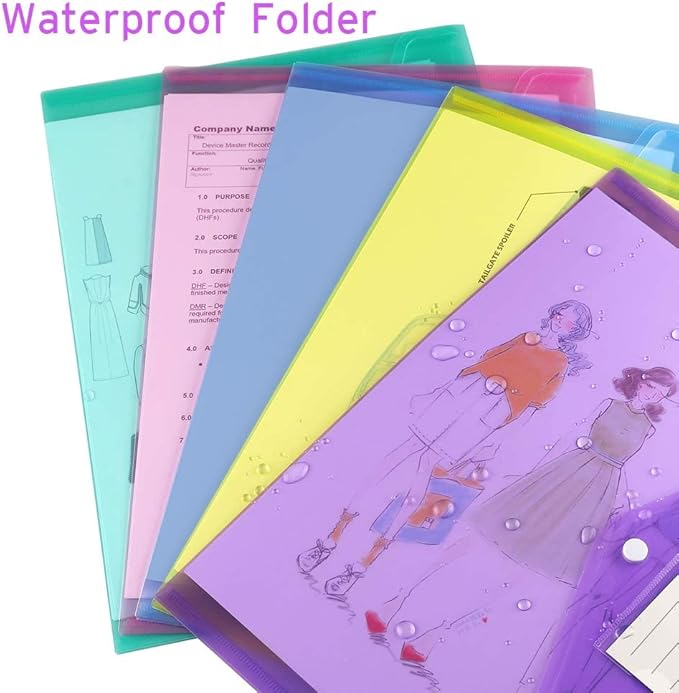 Sooez 28 Pack Folders Plastic Envelopes, Clear Plastic File Folder for Document, Letter A4 Size Poly File Envelopes with Label Pocket, Snap Button for Home Work Office Organizer, 9 Assorted Colors