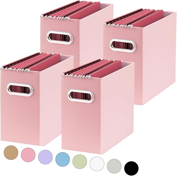 Oterri File Organizer, 4 Packs Small Storage Box, Cardboard File Folder Organizer, Collapsible File Box, Hanging File Organizer for Letter Size, Portable File Box with Handle, Only Box(Pink)