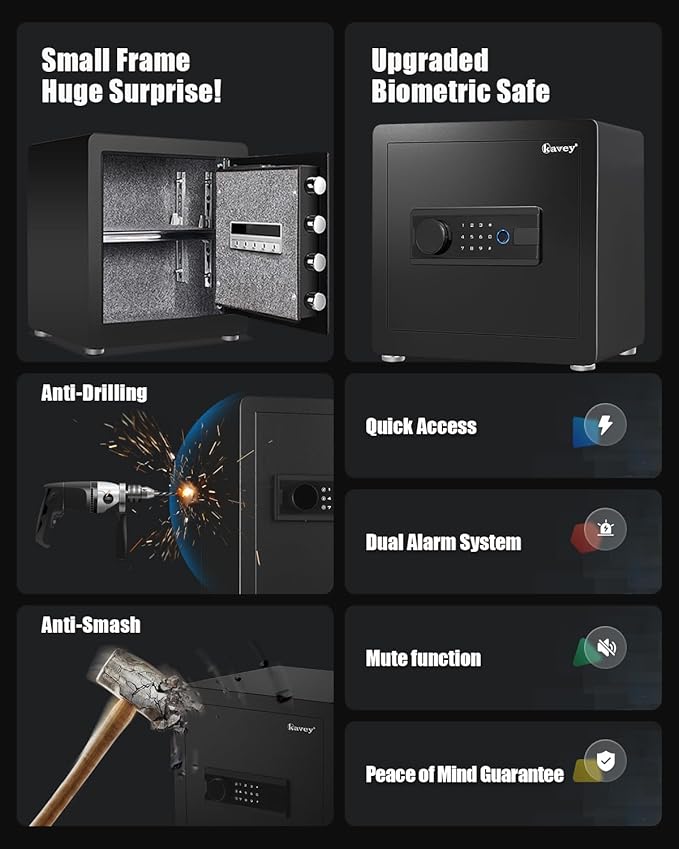 Kavey 1.6 Cub Biometric Safe, Home Safe with Backlit Touch Screen Keyapd and Dual Alarm System, Money Safe with Mute Function and LED Light, Small Safe Box for Home Documents Valuables