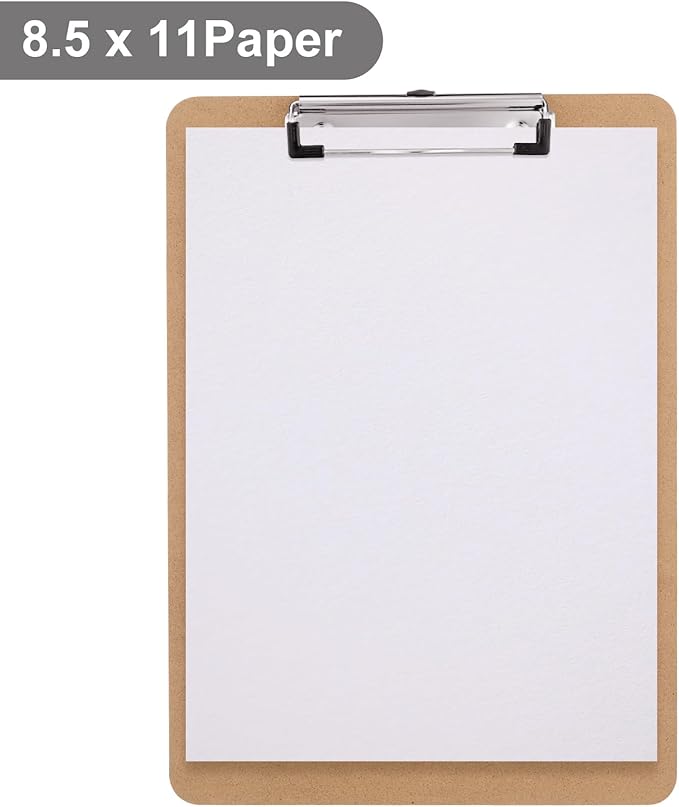 Wood Clipboards Set of 8, Letter Size Hardboard Clip Board 8.5x11 for Classroom, Students, Kid, A4 Standard Size 9" x 12.5" with Low Profile Clip, Office & School Supply
