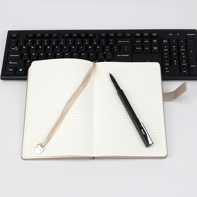 A5 Hard Cover Notebook with Pen Holder, Gold Edges & 180° Lay Flat - Large 5x8.25 Lined, Bookmark, Gift Box - Durable Journal for Office, Study, Travel - Writers, Students(Light Coffee)