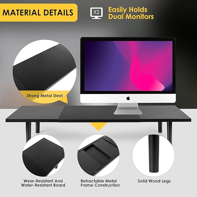Dual-Monitor-Stand-Riser-For-Desk Adjustable Length 32-40 Inch,Large Desktop Computer Monitor Riser For 2 Screens,Desk Shelf Organizer Riser Stand For Computer/Laptop/PC/Printer/TV Black