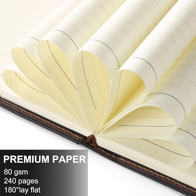 A5 Lined Leather Journal with Pen, 240 Pages Refillable Hardcover Notebook with Pocket and Magnetic Buckle, 80gsm Thick Daily Diary for Men and Women, Great Gift for Business Travel Personal - Black