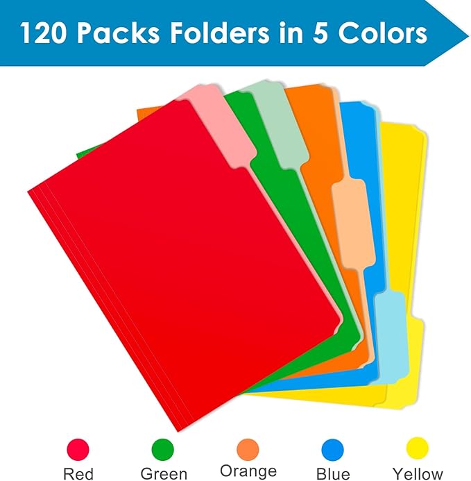 120-Pack Two Tone Color File Folders 8.5 x 11 Inch,1/3 Cut Tab File Folders Letter Size, Assorted Colors, Blue Red Green Yellow Orange Manila File Folders, School Business Office Folders for Document