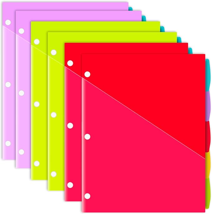 INFUN Plastic 5-Tab Binder Dividers with 2 Clear Pockets - 6 Sets, 30 pcs Multicolor Pocket Dividers with 3 Holes for 3 Ring Binders,Total 30 Tabs