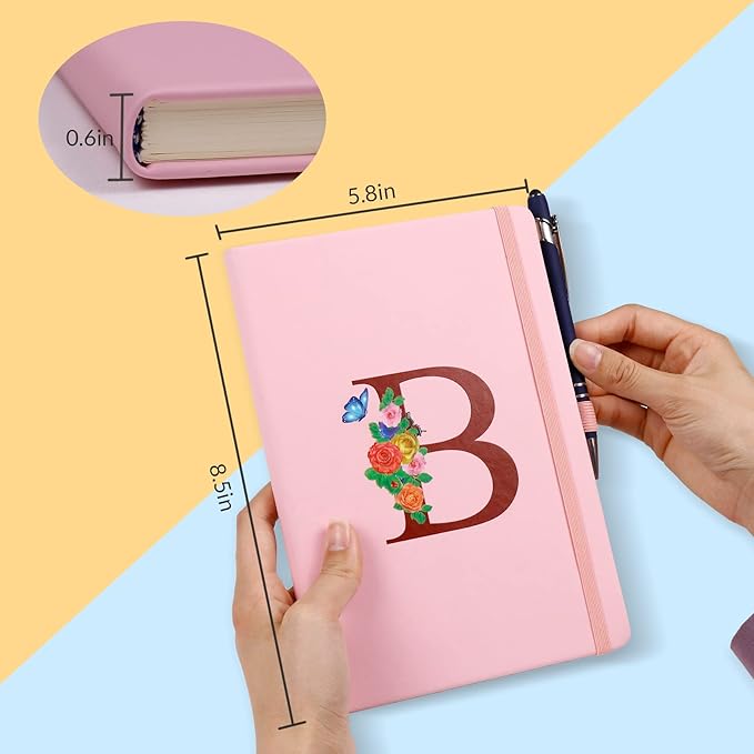 Pink Notebook for Women, 5.7"X8.3" A5 Journal Notebook with Letter R, Dual-Sided Writing Notebook with Dividers, Cute Leather Journal for Work, Business, School, Meetings, Travelers, Small Notebook