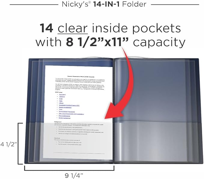Nicky's® Multi Pocket Organizer, 10 or 14 Page Folder, Waterproof, Patented Tear-Resistant, Flexible Plastic, Proudly Made in USA, Binder Substitute. (14-in-1 Navy Blue)