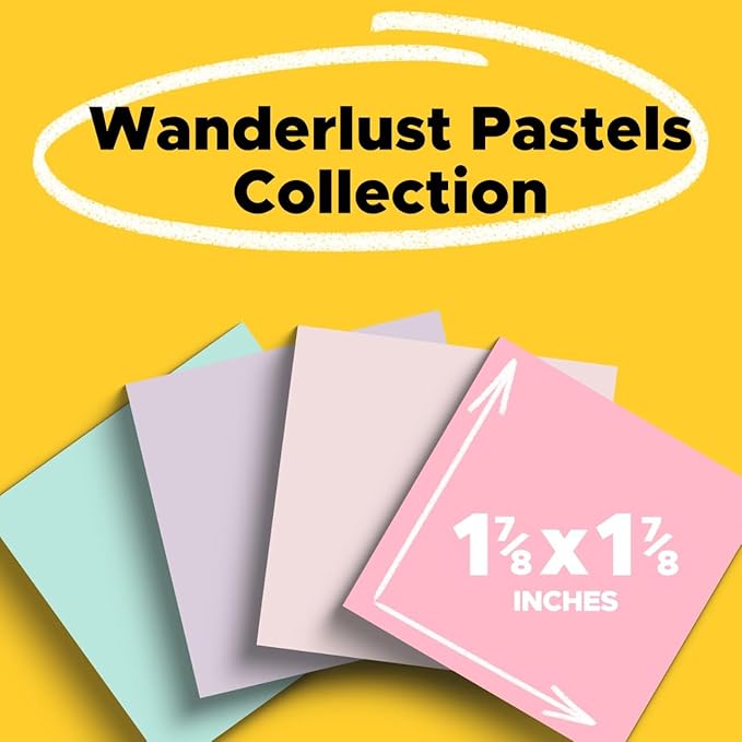 Post-it 100% Recycled Paper Super Sticky Notes, 18 Sticky Note Pads, 1 7/8 in. x 1 7/8 in., Sticky Notes for Vertical Surfaces, Monitors, Walls and Windows, Wanderlust Pastels Collection
