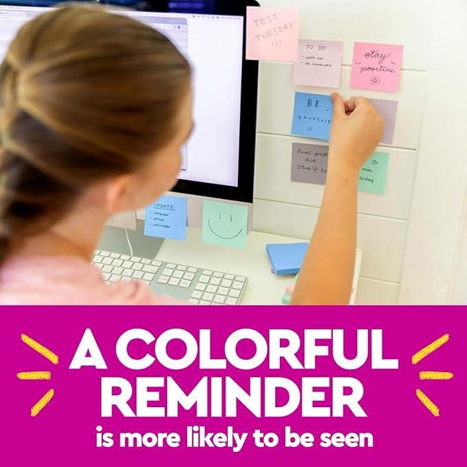 Post-it 100% Recycled Paper Super Sticky Notes, 18 Sticky Note Pads, 1 7/8 in. x 1 7/8 in., Sticky Notes for Vertical Surfaces, Monitors, Walls and Windows, Wanderlust Pastels Collection