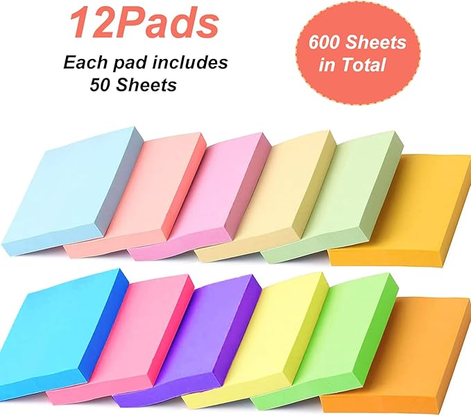Sticky Notes 3x3 Inches, 12 Pads Bright Colors Sticky Notes,Colorful Sticky Notes, Self-Stick Note Pads, Sticky Notes Bulk,50 Sheets/Pad (12Pads)