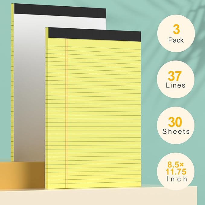 Yellow Legal Pads 8.5 x 11 Narrow Ruled Note Pads - 20 Pack Yellow Notepad 8 1/2 x 11 Paper Tabletsd - Perforated Yellow Pad 8.5 x 11 Lined Notepad 30 Sheets/ 60 Pages each Note Pad for Office School