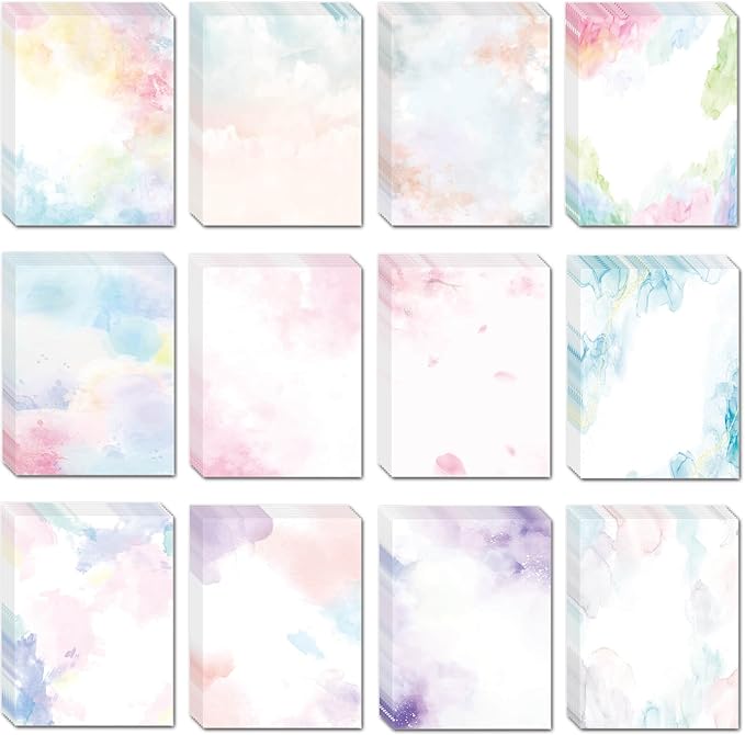 DUGUTUL Watercolor Stationary Paper, 100 gsm Printer Paper 8.5 x 11, 12 designs, Double-Sided, Colored Paper for Writing Letters and Invitations, Writing Paper for Business or Personal Use (48)