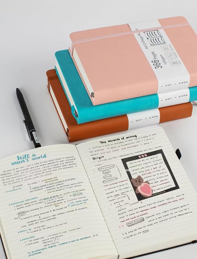 Thick College Ruled Notebook with 366 Numbered Pages, A5 Journals for Writing with 100GSM Lined Paper, Hardcover Leather Notebooks for Women Men School Note Taking Office Work Diary (Bungandy)