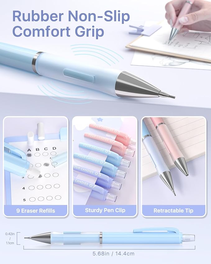 Four Candies Pastel Mechanical Pencil Set, with 0.5 & 0.7mm Lead Refills (HB & 2B), Cute Erasers & Eraser Refills, 29-Count Pack with Case, Aesthetic School Supplies for Student Writing Drawing