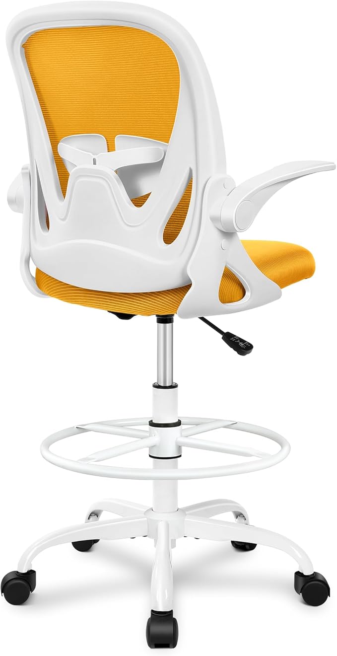 Primy Drafting Chair Tall Office Chair with Flip-up Armrests Executive Ergonomic Computer Standing Desk Chair with Lumbar Support and Adjustable Footrest Ring(Yellow)