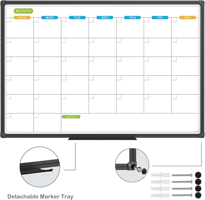 JILoffice Dry Erase Calendar Whiteboard - Magnetic White Board Calendar Monthly 36 X 24 Inch, 2 Pack, Black Aluminium Frame Wall Mounted Board for Office Home and School