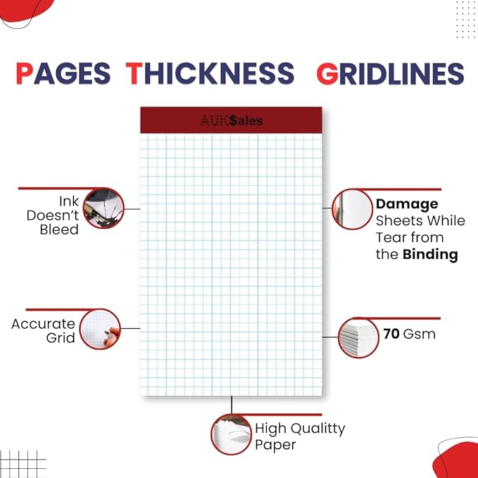 Grid Paper Pad 5x8 Inches – Graph Paper Pad 4x4, Grid Notepad, 3 Pack, 5x8 Graph Paper 1/4 Grid, Graphing Paper, Engineering Pad – 100 Sheets 200 Pages Perforated Pad for School, Home, & Office