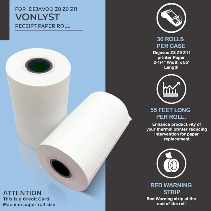 Credit Card Machine Paper Roll for Dejavoo Z8 Z9 Z11 (30 rolls)