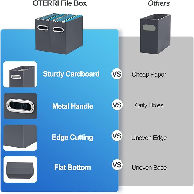 Oterri File Organizer, Small Storage Box, Cardboard File Folder Organizer, Collapsible File Box, Hanging File Organizer for Letter Size, Portable File Box with Handle, Only Box (Dark Grey,2 Packs)