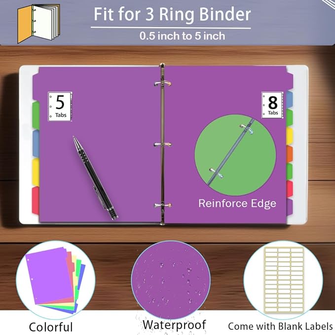 3 Sets Dividers for 3 Ring Binder,8 Tab Plastic Binder dividers with Tab,Colored Binder Separators for Letter Size,Write on Page Dividers for Shool Office Home