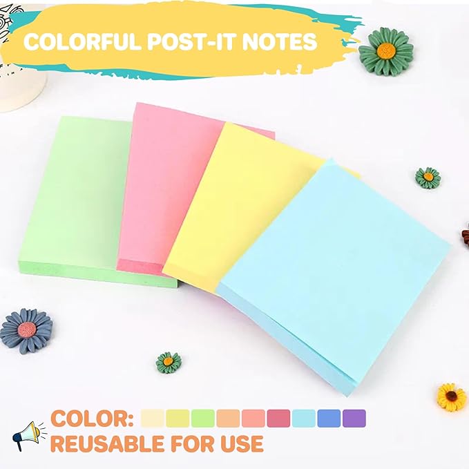 (9 Pack) Sticky Notes 3x3 Inches Colorful Sticky Notes,Super Sticking Power Bright Colors Self-Stick Pads,Easy to Post for School Supplies and Office Products,56 Sheets/Pad,504Sheets