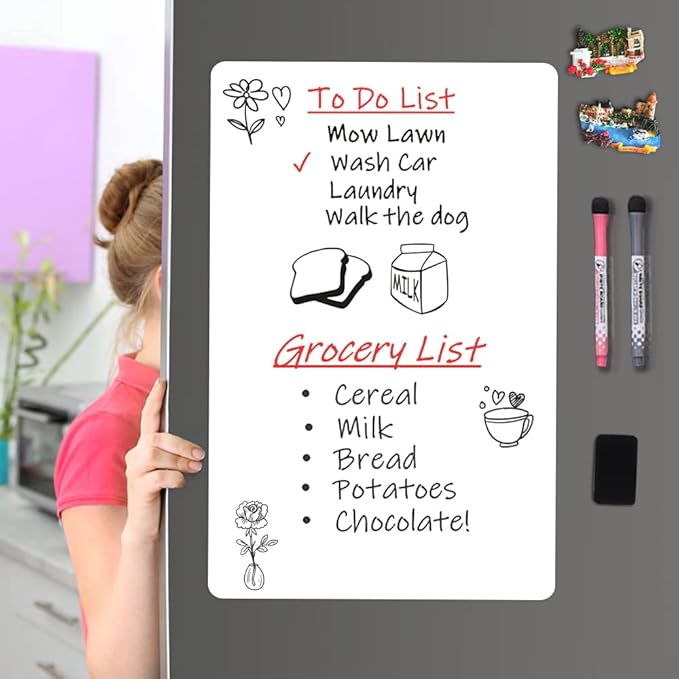 Magnetic Dry Erase Board Fridge Whiteboard Sheet 17"x11", Easy to Write and Clean, Flexible Refrigerator White Board for Home Kitchen Memo Shopping List, 2 Marker Pens and Eraser with Magnets