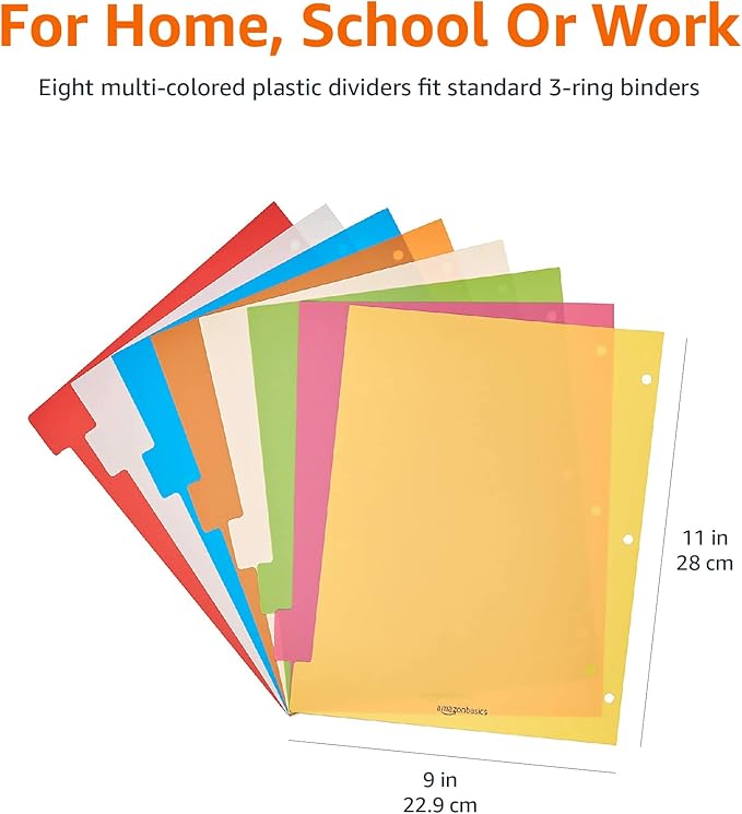 Amazon Basics Durable Multicolor 3-Ring Binder Plastic Divider Set with Tab Labels, 3-Hole Punched Letter Size 8-Tab Dividers, for School and Organization, 6 Pack, Assorted Colors