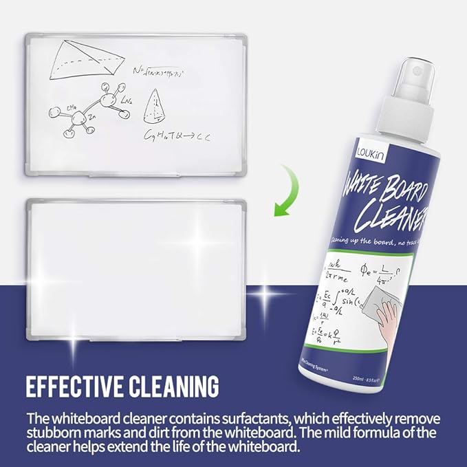 Loukin Non-Toxic Whiteboard Cleaner, 8.5 fl oz Dry Erase Board Cleaner, Low-Odor Whiteboard Cleaning Spray with Cloths, Removes Stubborn Marks (3-Pack)