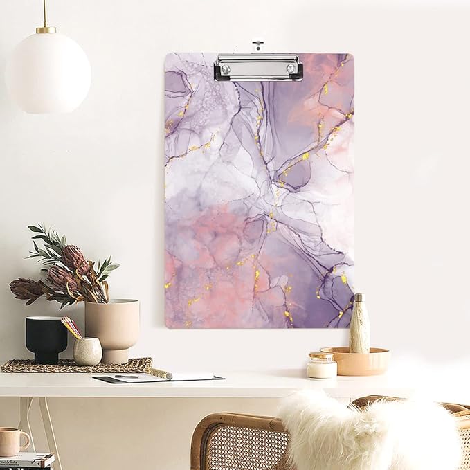 WAVEYU Cute Hardboard Office Clipboard, Clipboard with Low Profile Clip Designed for Students Classroom School and Office Use, Purple Marble(12.5"x9")