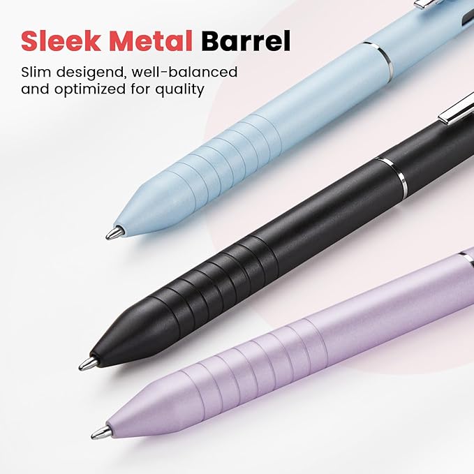 Sooez Multicolor Pen in One, Sleek Metallic 4 Color Ballpoint Pens, Medium Point (1.0mm), Retractable Ball Pen with Stylus Tip, Journaling Planner Pens for Nursing School Office Supplies, 3 Pack