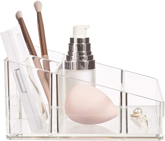 STORi Clear Plastic Vanity Makeup Organizer | Compact Rectangular 4-Compartment Holder for Brushes, Eyeshadow Palettes, & Beauty Supplies | Made in USA