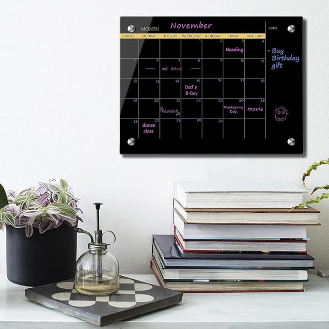 Okydoky Glass Dry Erase Whiteboard,Monthly Calendar Whiteboard,12" x 16",Frameless Glass White Board for Home,School,Office,Black Surface(GlassA-BK-3040)