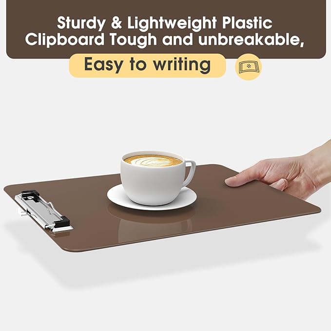 Plastic Clipboards 2 Pack, A4 Brown Clip Board 8.5x11 for Classroom, Students, Kid, Woman, Size 9" x 12.5" with Low Profile Clip, Office & School Supply