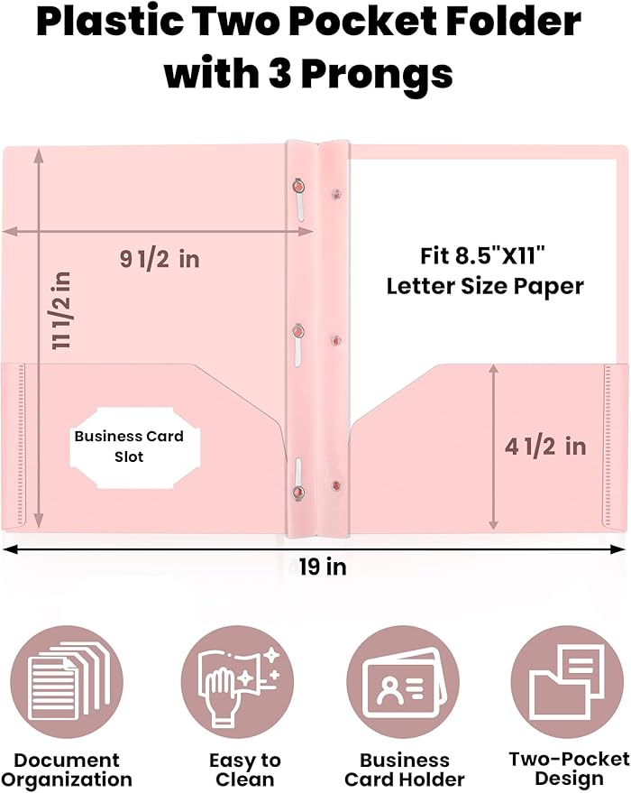 SUNEE 3-Prong Plastic Folders with Pockets (6 Pack, Pastel Colors) 2 Pocket Folders with Fasteners, Tear-Resistant Plastic Pockets, and Fit Letter Size Paper, Use for School Office Home Business