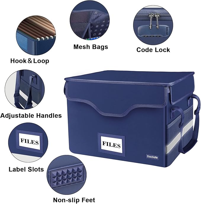 DocSafe File Box Fireproof Document Box with Lock,File Storage Organizer Box with Insert Pocket,Collapsible Portable File Box Home Office File Cabinet with Handle for Hanging Letter/Legal Folder,Blue